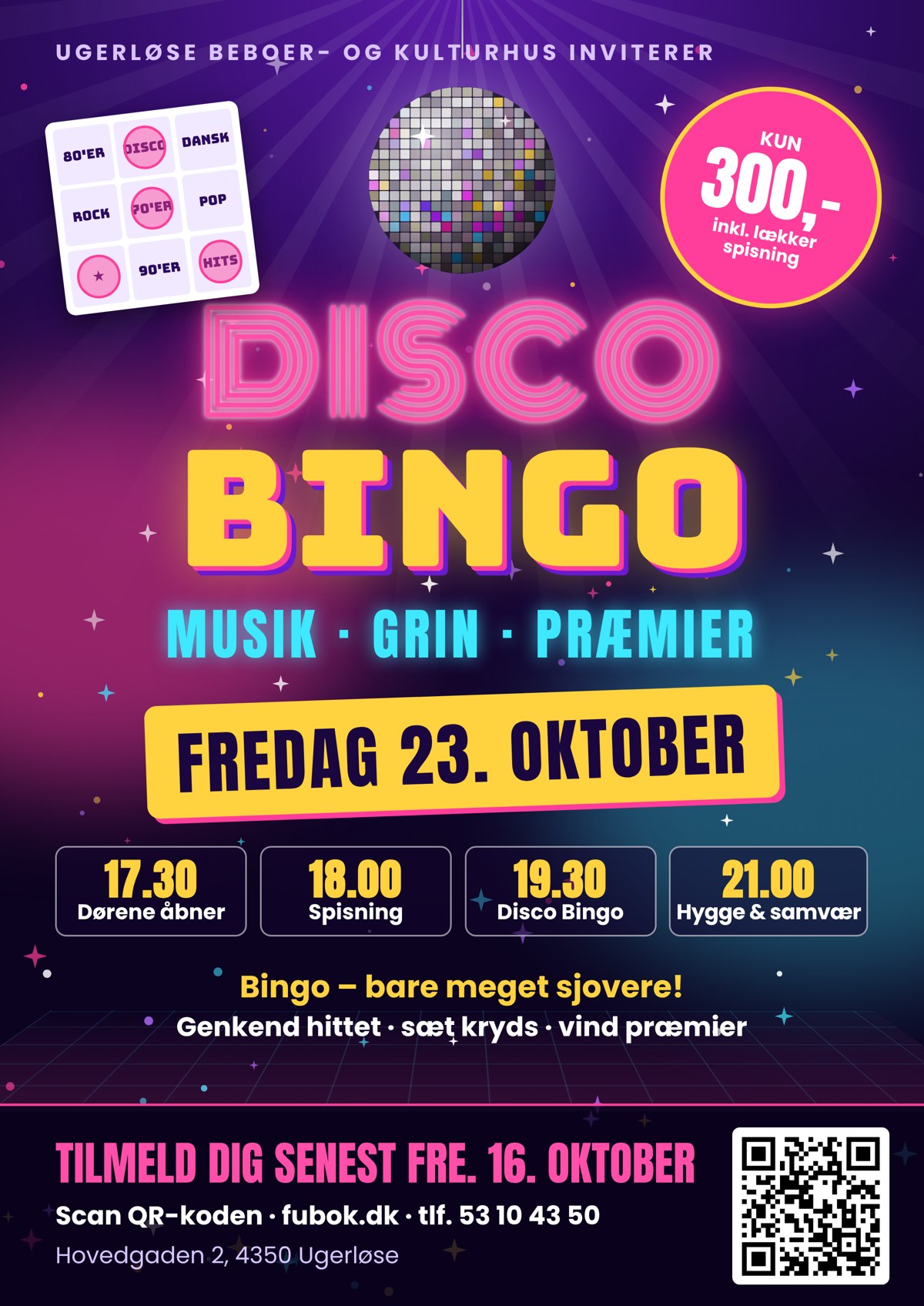 Plakat: Disco Bingo fredag 23. oktober i Ugerløse Beboer- og Kulturhus